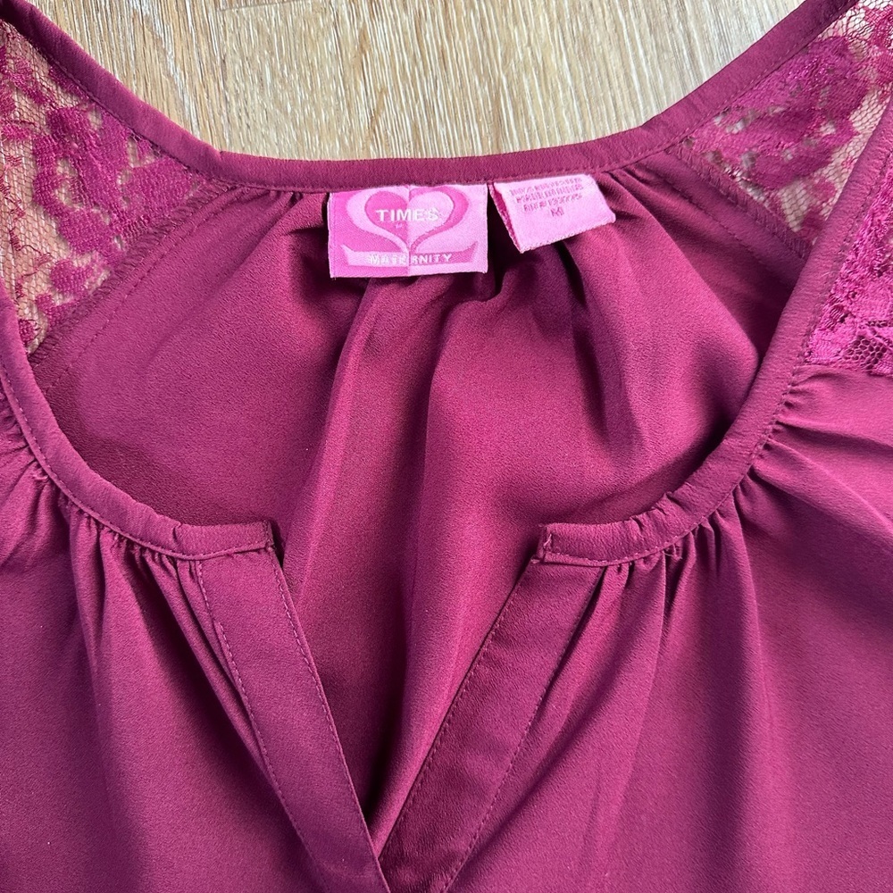 Maternity Burgundy Blouse 3/4 Sleeve with Lace Mesh Detail-Sz M - Picture 5 of 8
